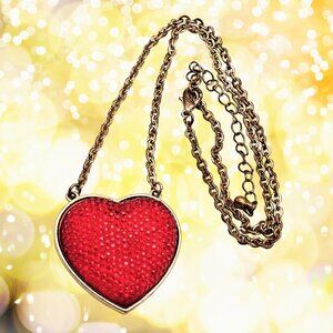 Red Glitter Heart Pendant Necklace Gold Tone Chain